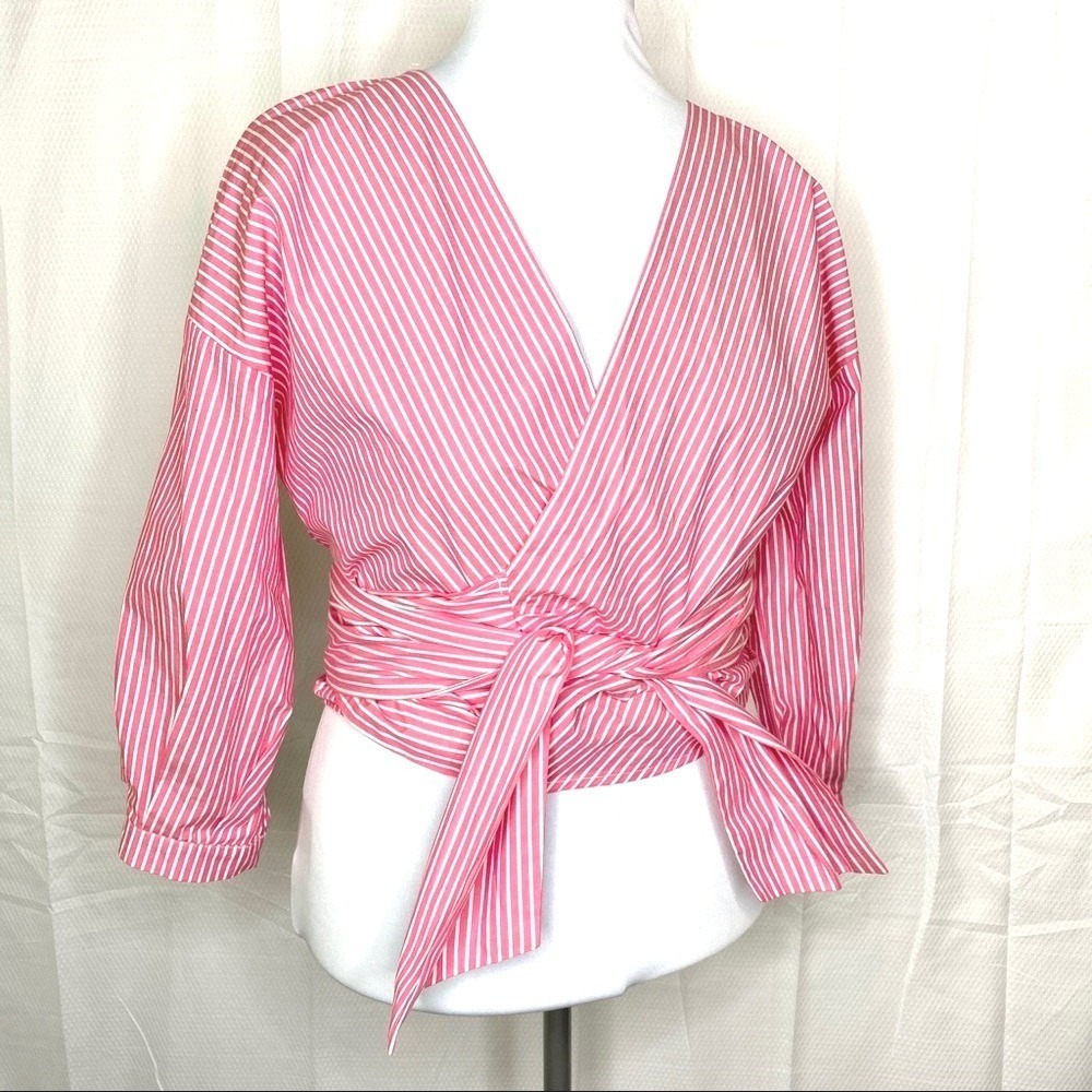 JW Style Y2K Striped Wrap Front Tie‎ Shirt Blouse Small Pink White S Cottagecore